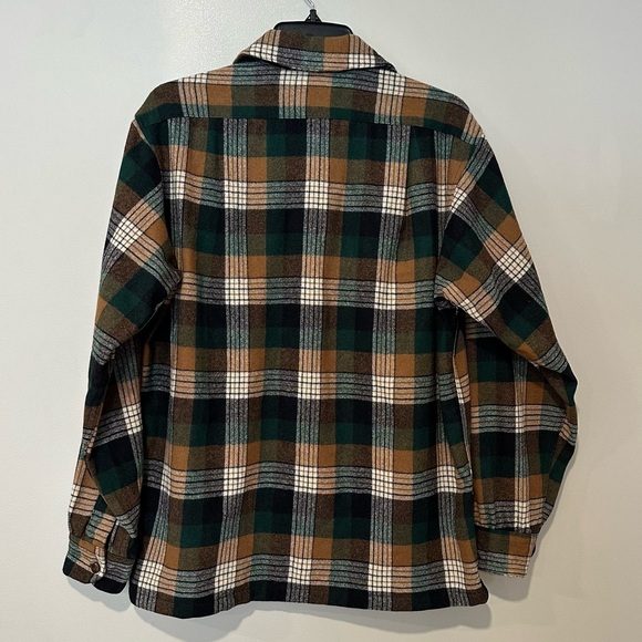 Vtg Pendleton Wool Flannel M Green Brown Plaid Loop Collar Heritage Americana 70 - Picture 2 of 6